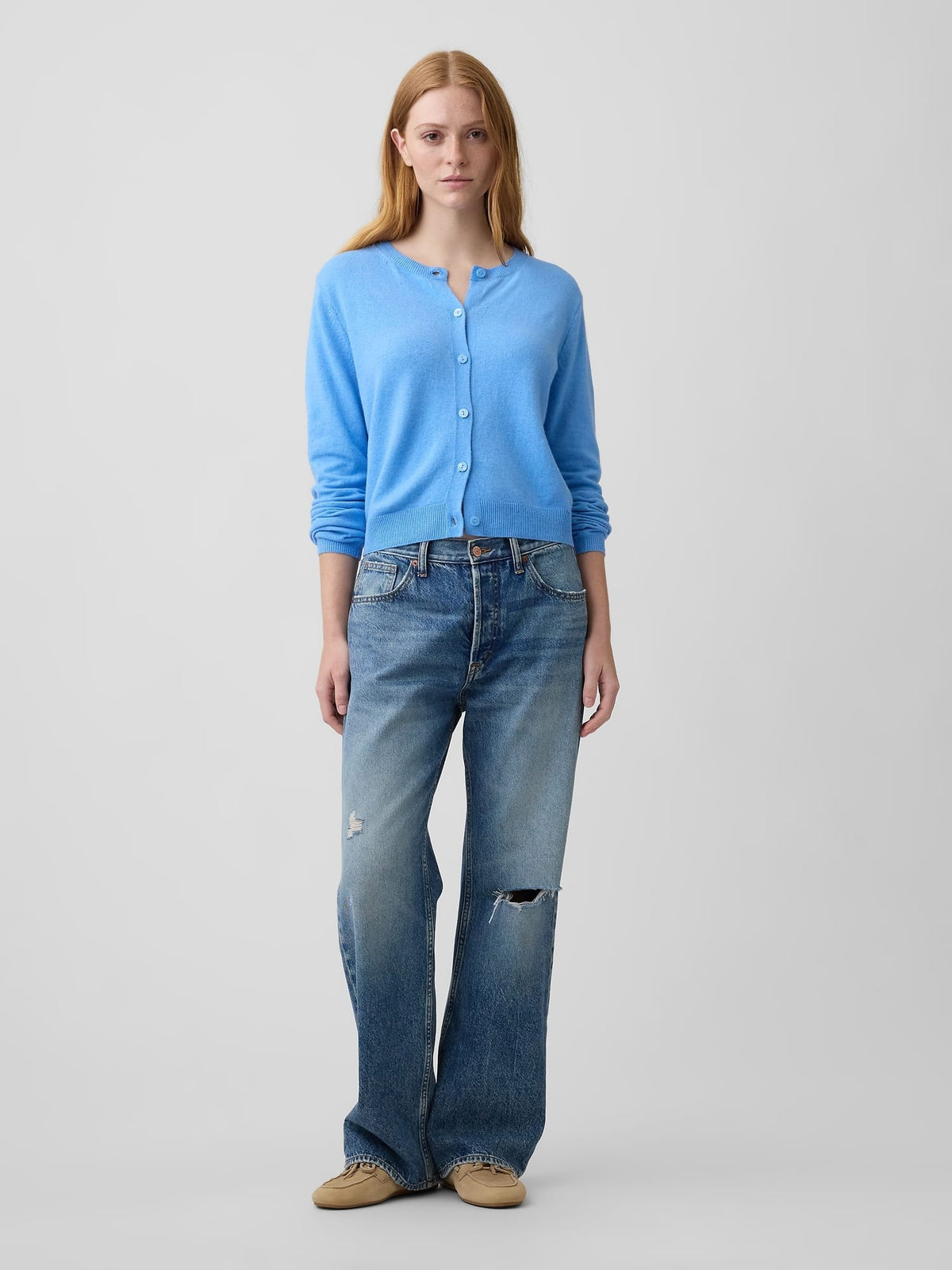 Açık Mavi Cashsoft Crop Bisiklet Yaka Hırka