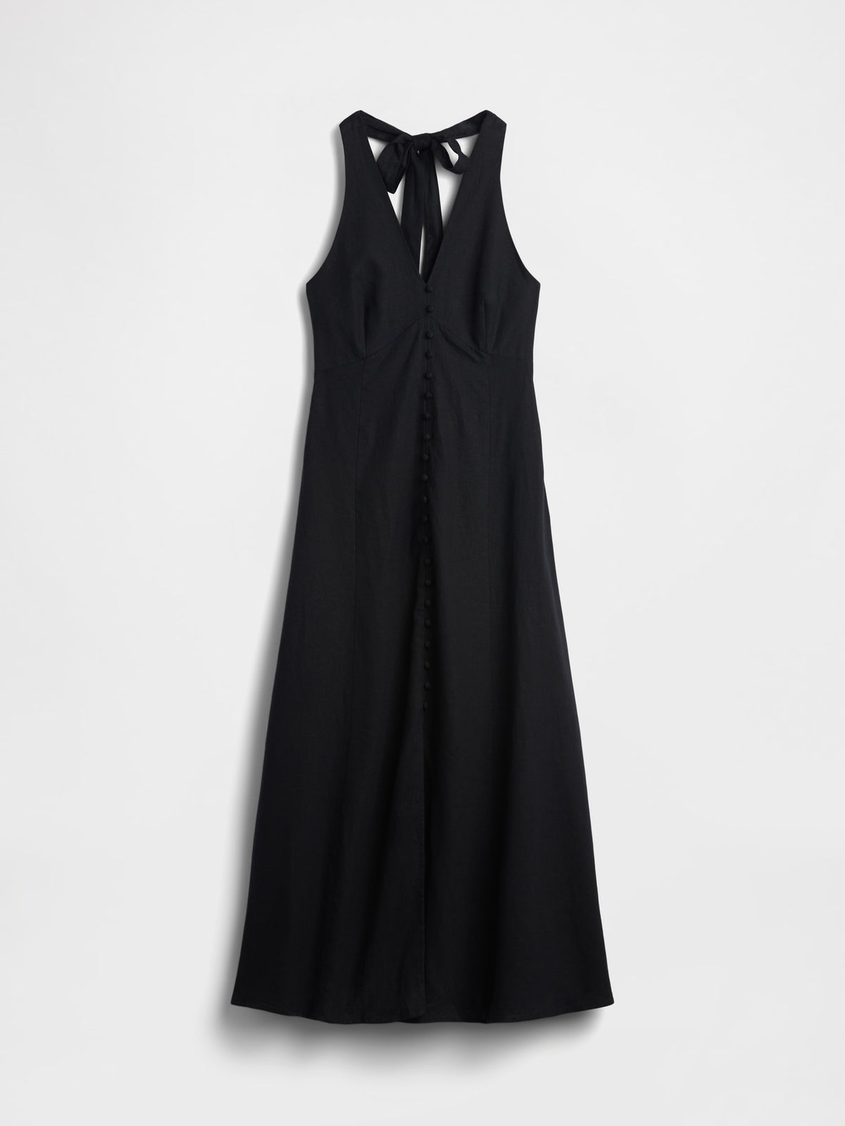 Siyah Keten Karışımlı Halter Maxi Elbise