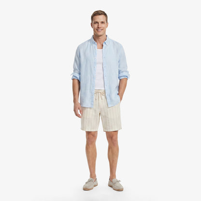 Nautica Erkek Krem Regular Fit Çizgili Keten Şort