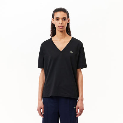 Lacoste Kadın Relaxed Fit V Yaka Siyah T-shirt