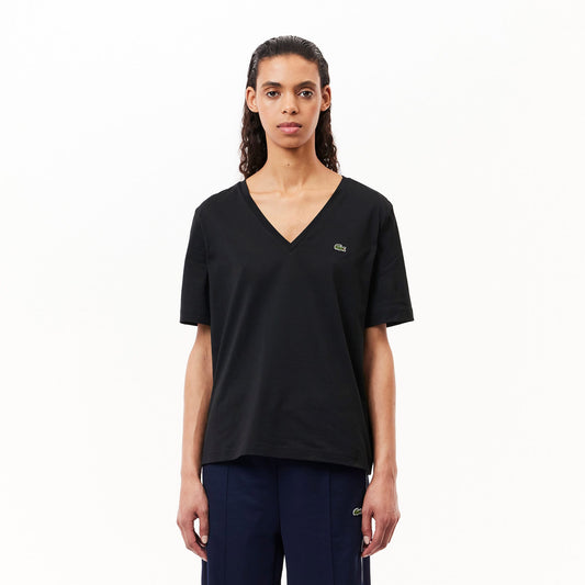 Lacoste Kadın Relaxed Fit V Yaka Siyah T-shirt