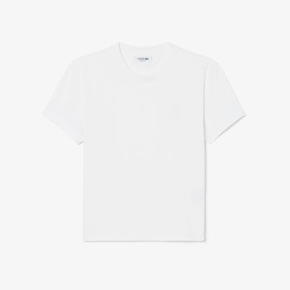 Lacoste Kadın Slim Fit Bisiklet Yaka Desenli Beyaz T-shirt