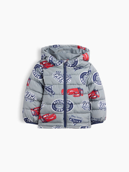 Açık Gri Cars Grafik Baskılı Puffer Şişme Mont