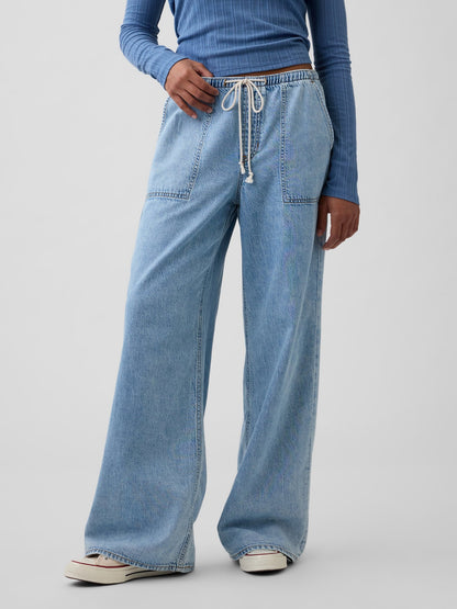 Açık Mavi Mid Rise Pull-on Superlight Wide-leg Jean Pantolon