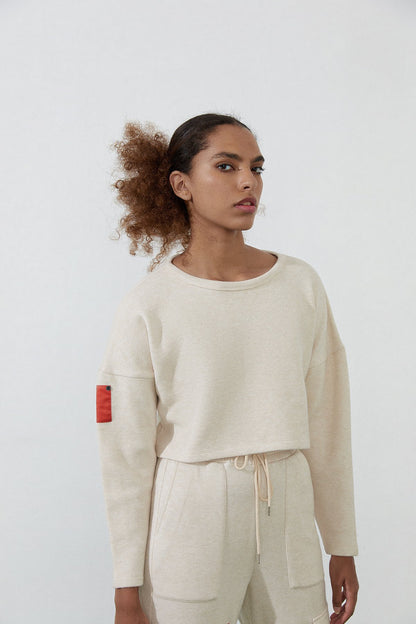 Ekru Basic Kısa Sweatshirt
