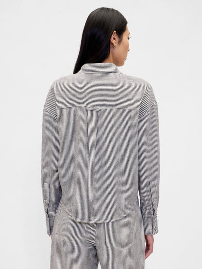 Beyaz Keten Karışımı Oversized Gömlek