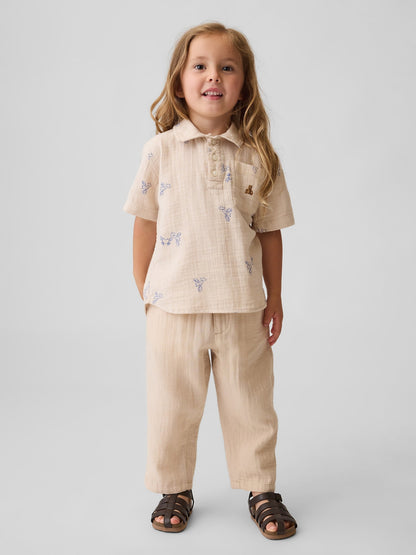 Bej Pamuk Gauze Pull-on Barrel Pantolon