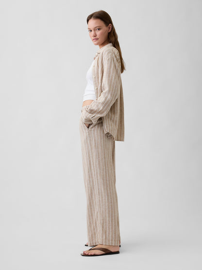 Bej Relaxed Keten Karışımlı Wide-leg Pantolon