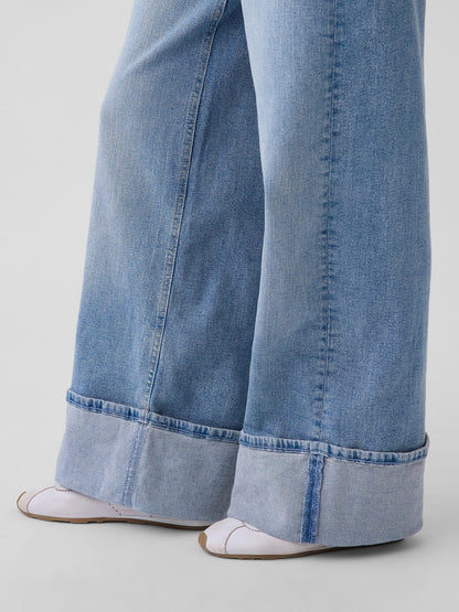 Açık Mavi High Rise Stride Cuffed Wide-leg Jean Pantolon