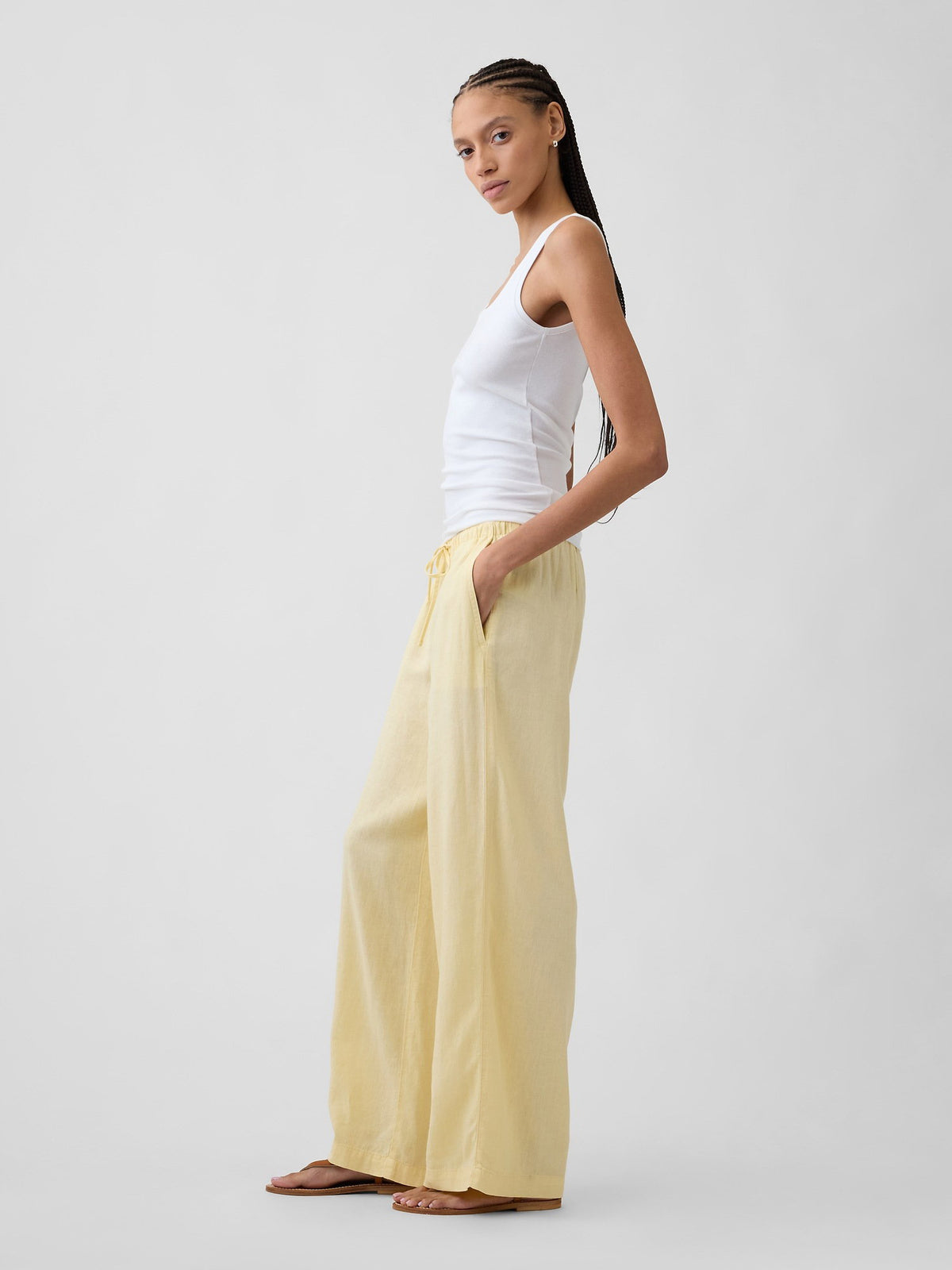Sarı Relaxed Keten Karışımlı Wide-leg Pantolon