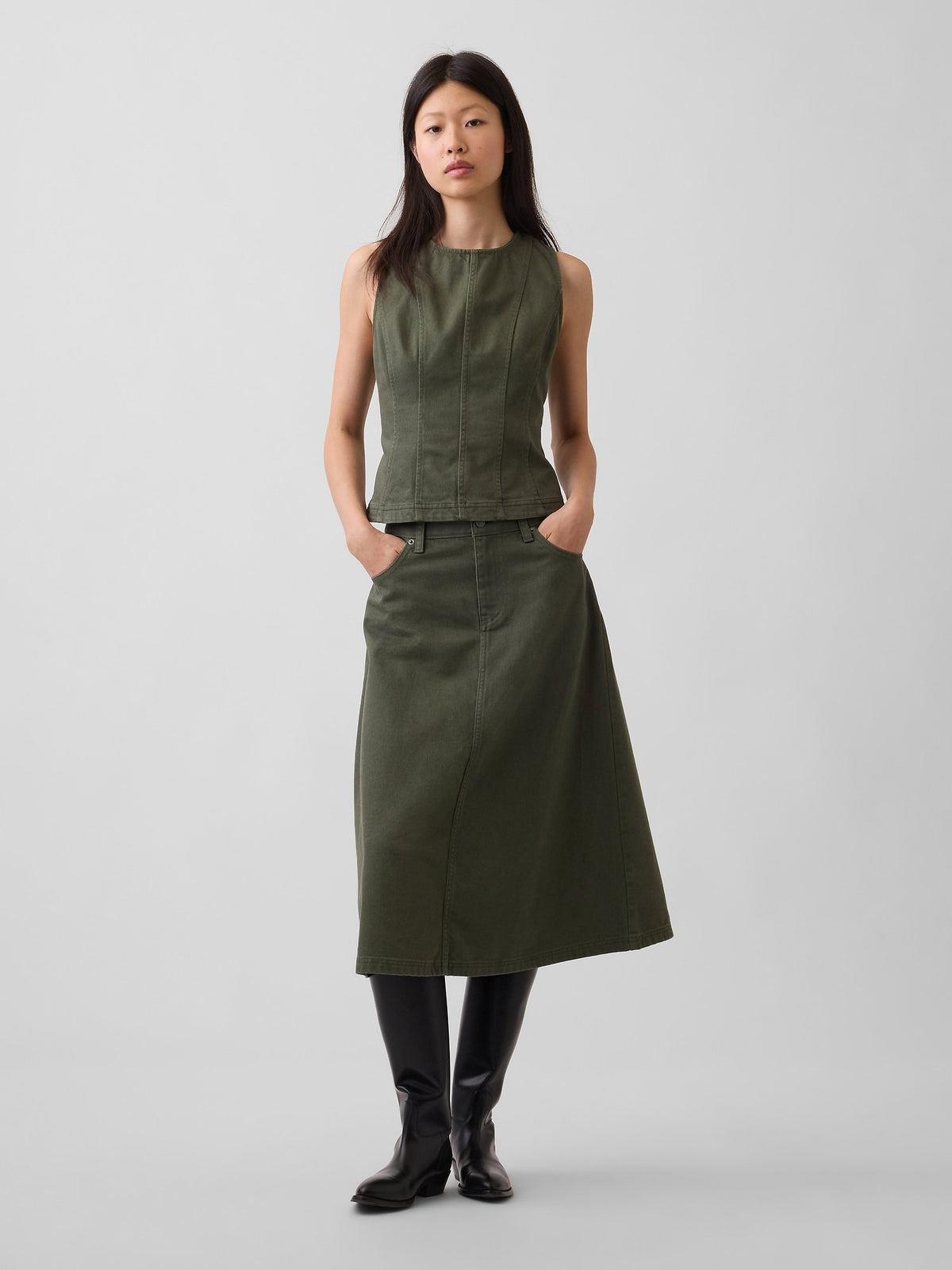 Haki Twill Midi Etek