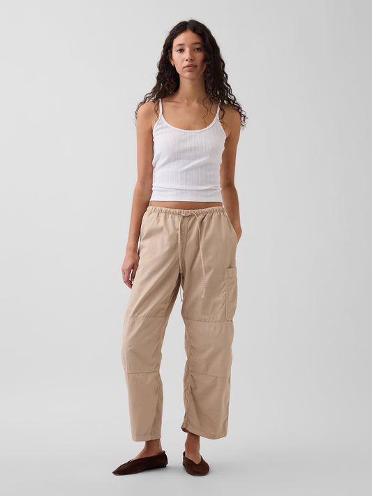 Bej Mid Rise Twill Easy Barrel Utility Pantolon