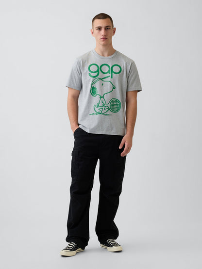 Gri Snoopy Logo Relaxed Grafik Baskılı T-shirt