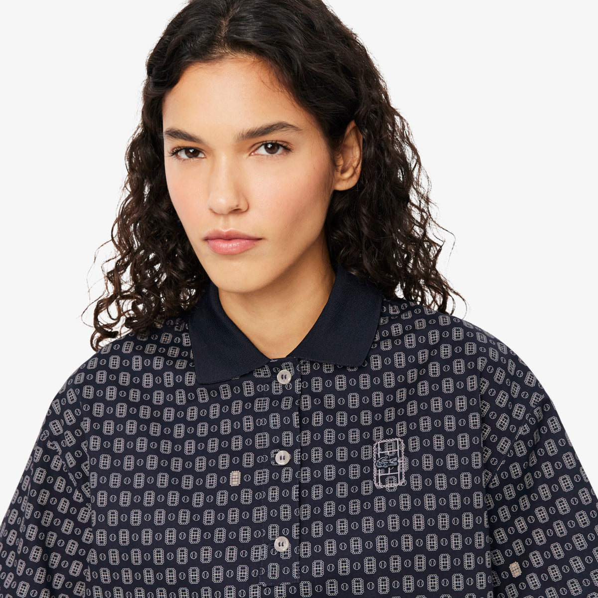 Lacoste Kadın Oversize Fit Desenli Lacivert Polo