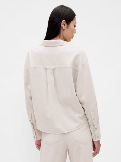 Kırık Beyaz Keten Karışımı Oversized Gömlek