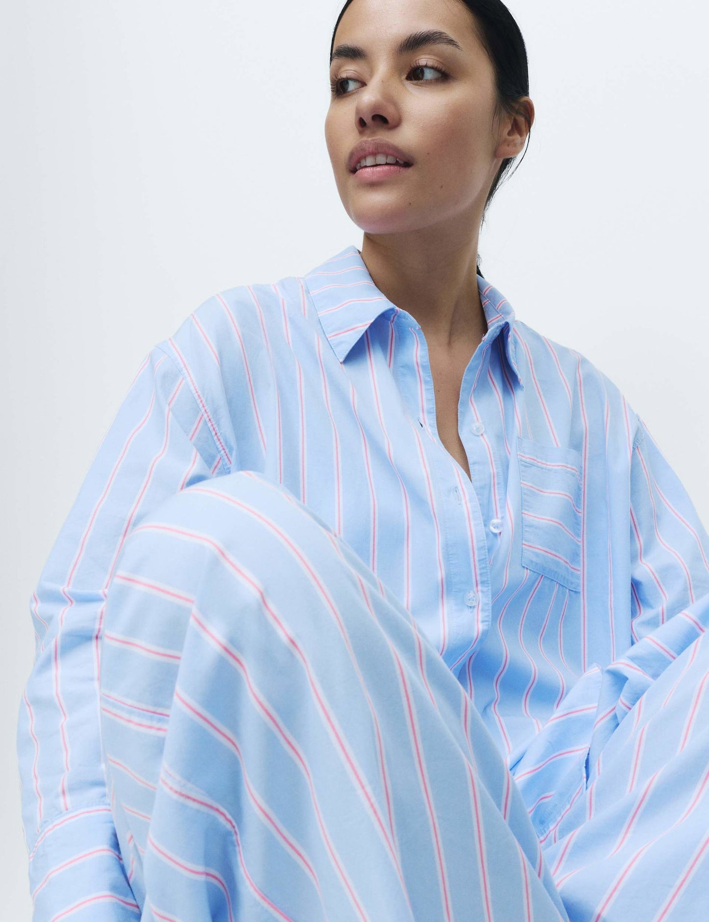 %100 Pamuk Poplin Çizgili Pijama Üstü
