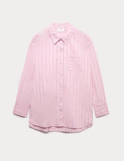 %100 Pamuk Poplin Çizgili Pijama Üstü