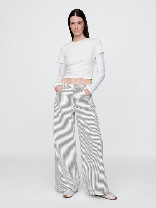 Kırık Beyaz Mid Rise Denim Çizgili Baggy Jean Pantolon