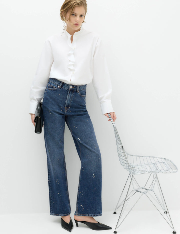 Işleme Detaylı Straight Leg Jean Pantolon