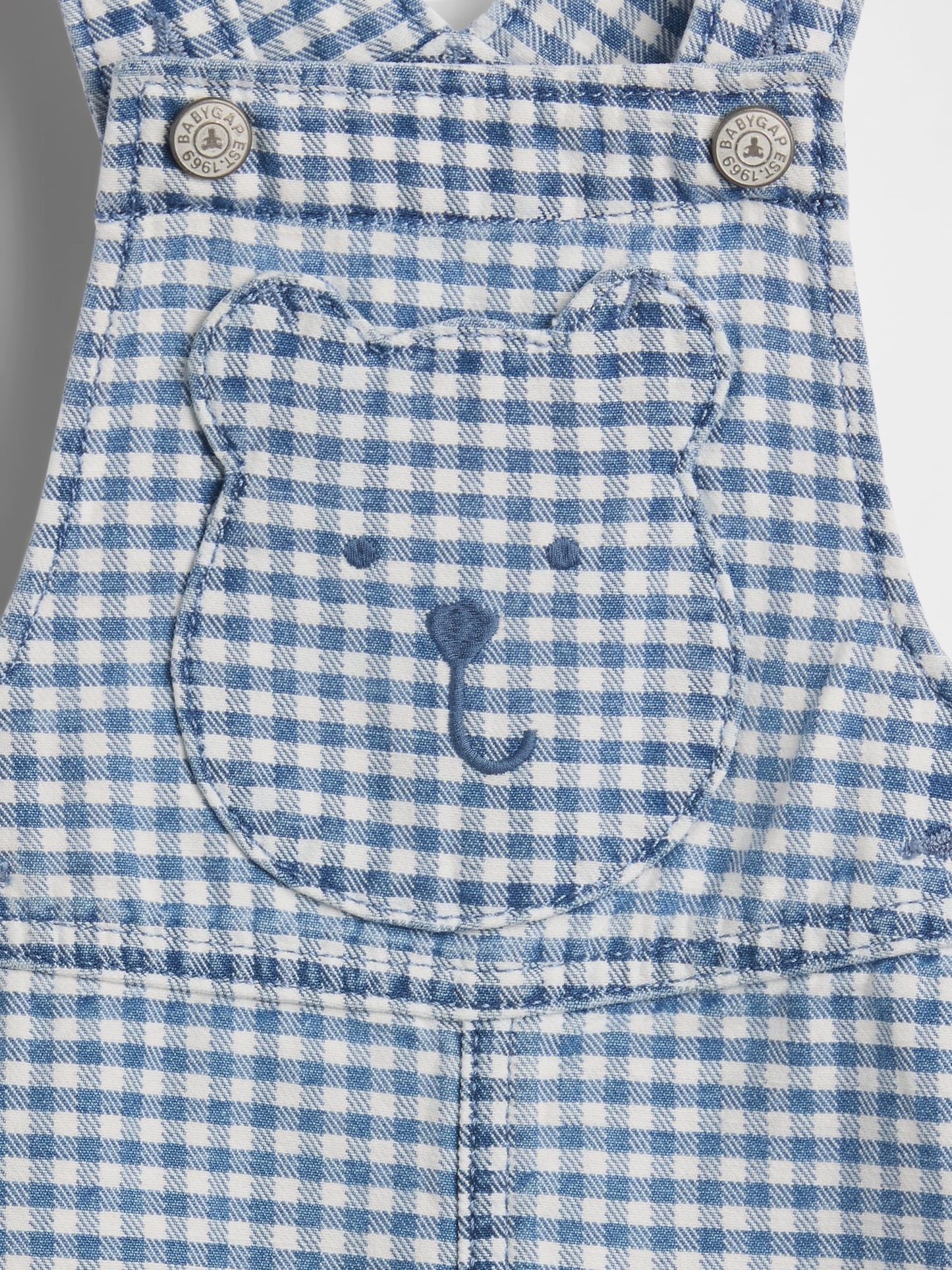 Açık Mavi Gingham Denim Ayı Cep Şort Tulum