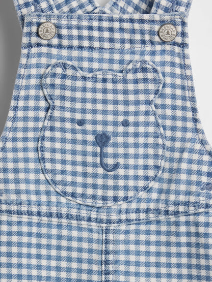 Açık Mavi Gingham Denim Ayı Cep Şort Tulum