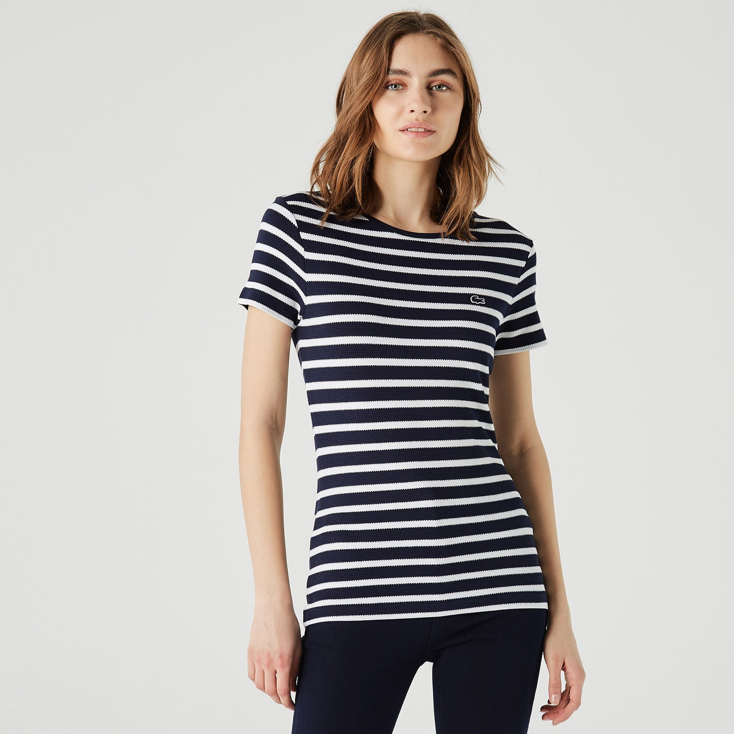 Lacoste Kadın Slim Fit Bisiklet Yaka Çizgili Lacivert T-shirt