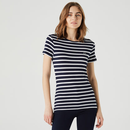 Lacoste Kadın Slim Fit Bisiklet Yaka Çizgili Lacivert T-shirt