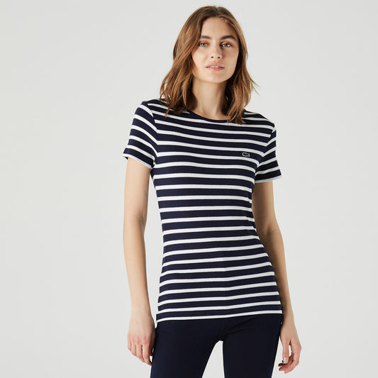 Lacoste Kadın Slim Fit Bisiklet Yaka Çizgili Lacivert T-shirt