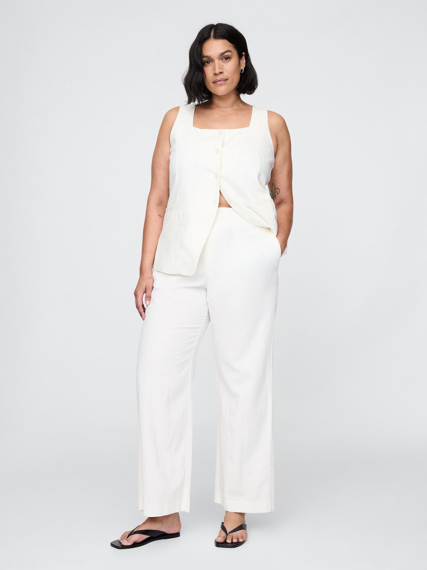Beyaz Keten Karışımlı Relaxed Straight Ankle Pantolon