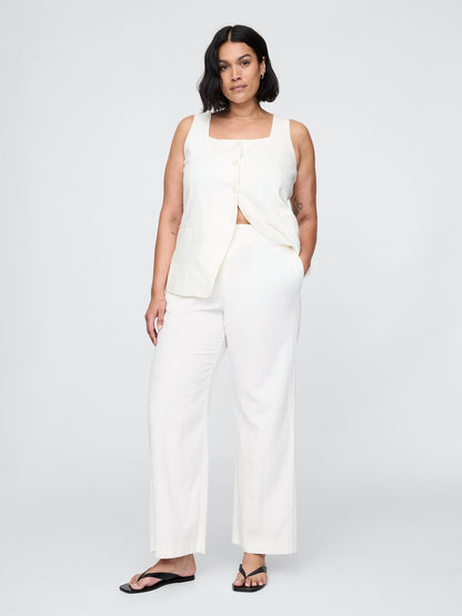 Beyaz Keten Karışımlı Relaxed Straight Ankle Pantolon