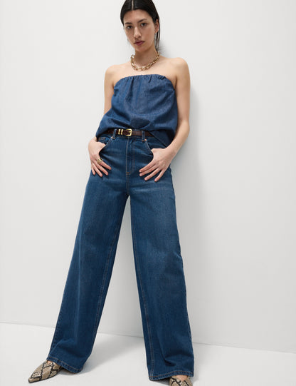 Saf Pamuklu Denim Bandeau Top