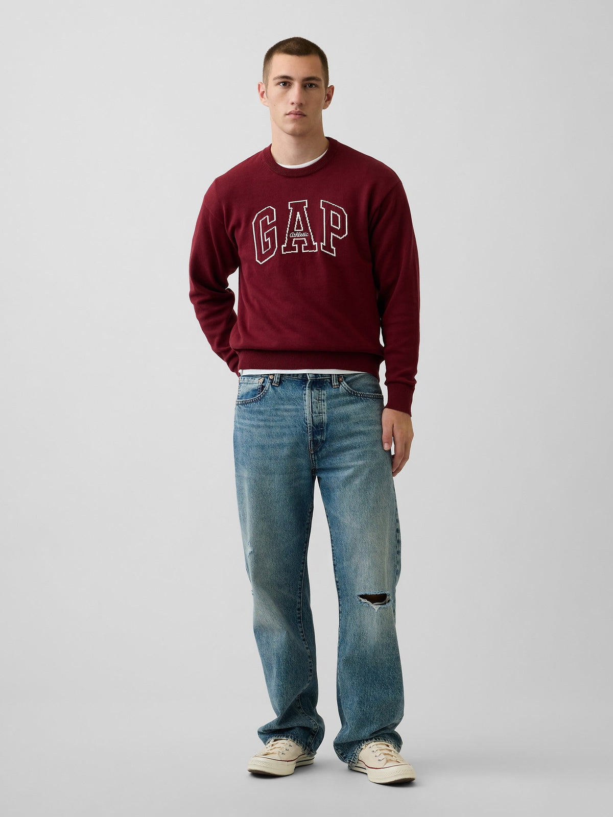 Koyu Kırmızı Relaxed Gap Logo Intarsia Kazak