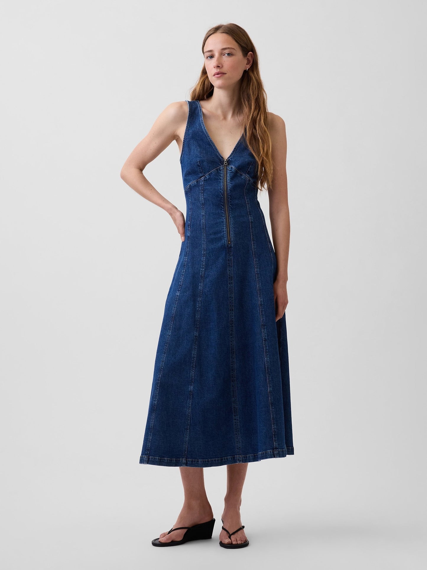 Koyu Mavi Denim Seamed Fermuarlı Midi Elbise