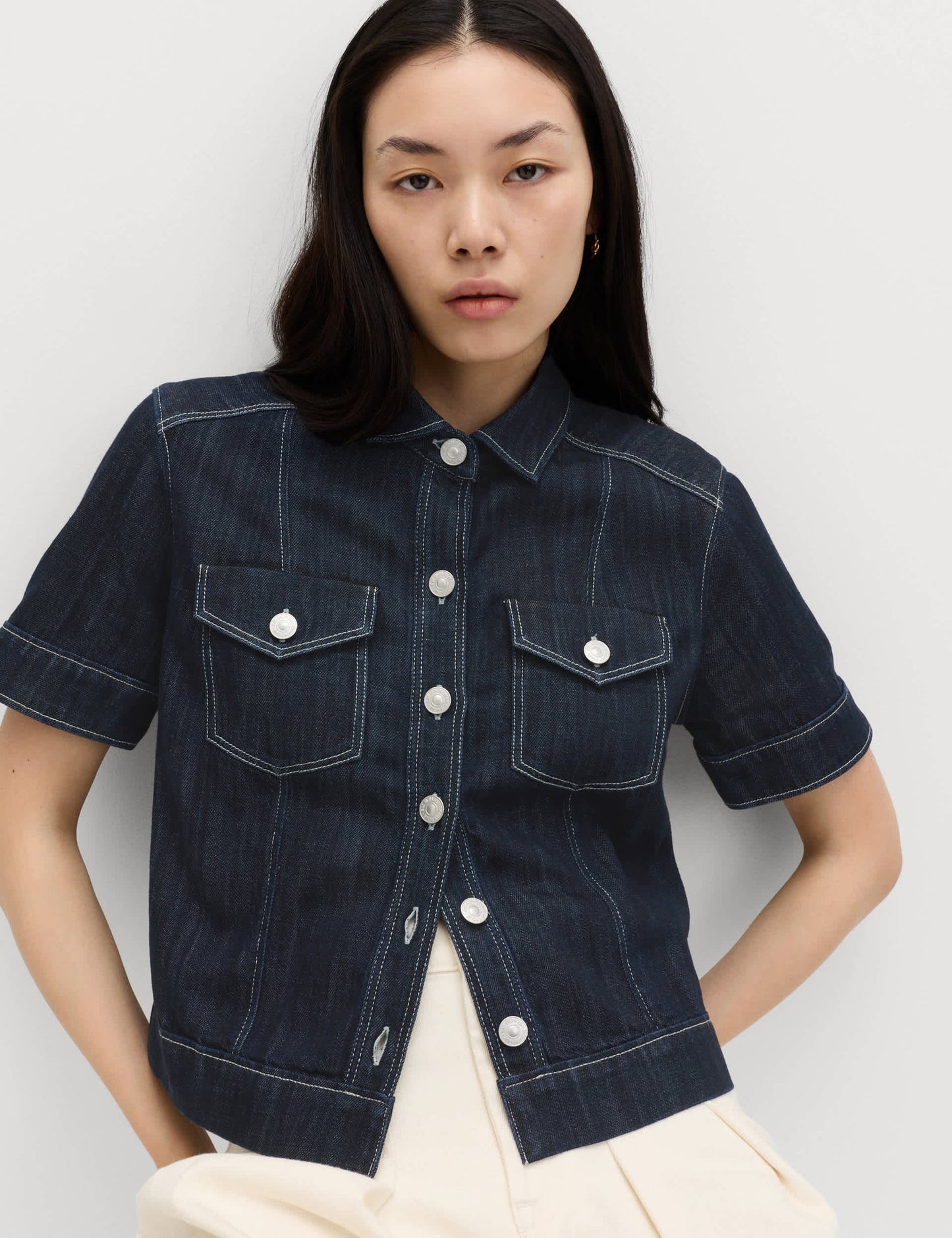 Pamuk Karışımlı Denim Utility Kısa Kollu Gömlek