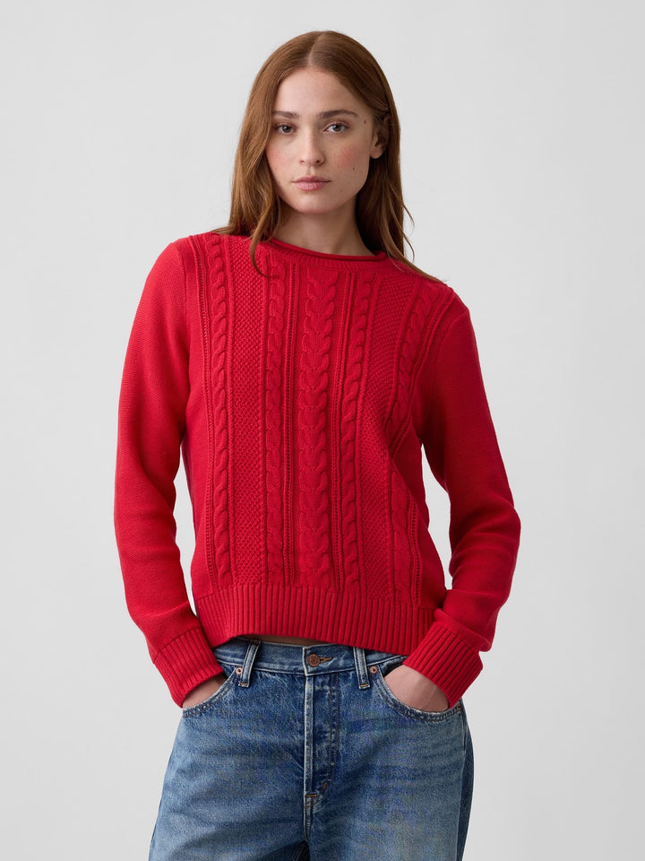 Kırmızı Yüksek Yaka Cable Örgü Kazak