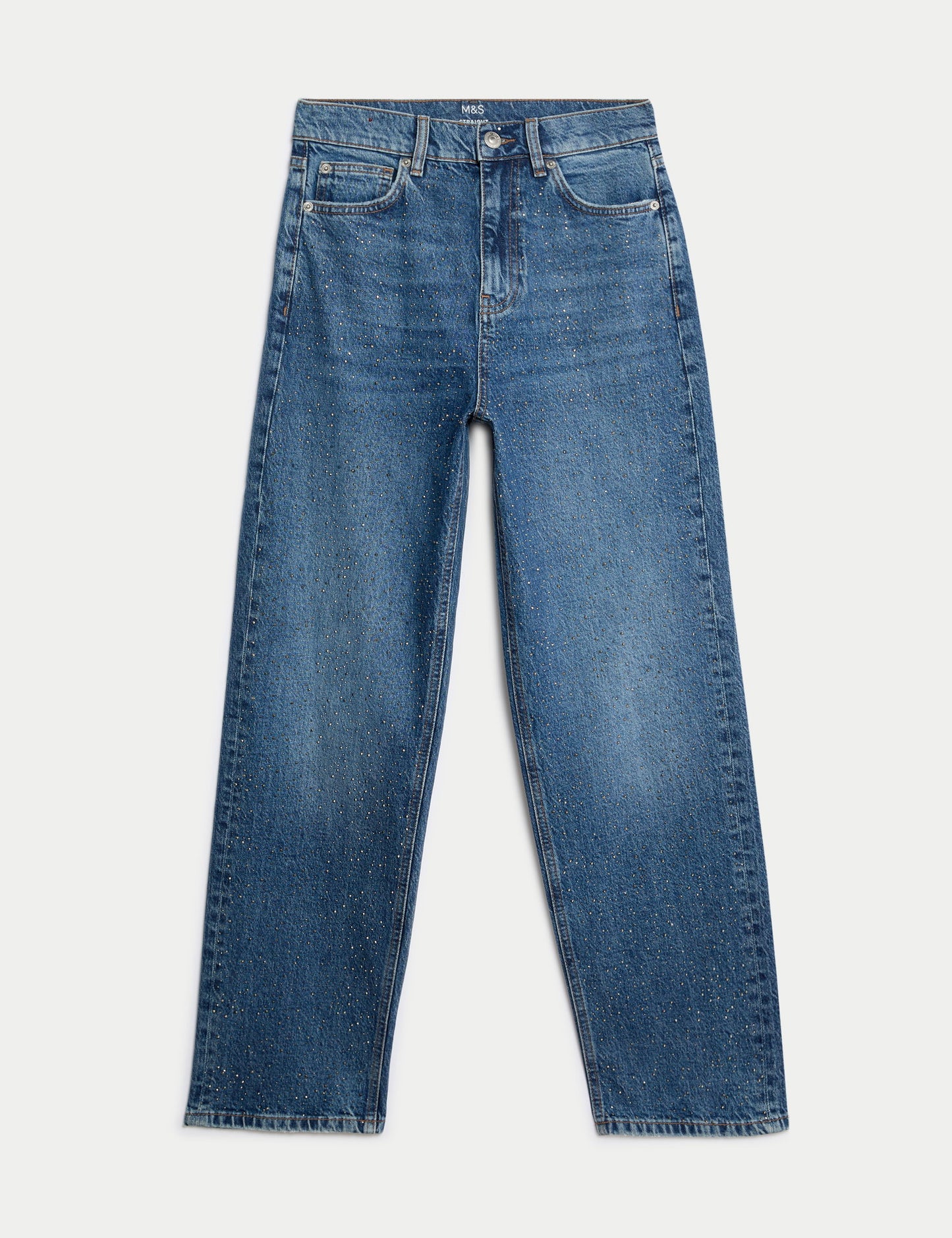 Işlemeli Yüksek Bel Straight Leg Jean Pantolon