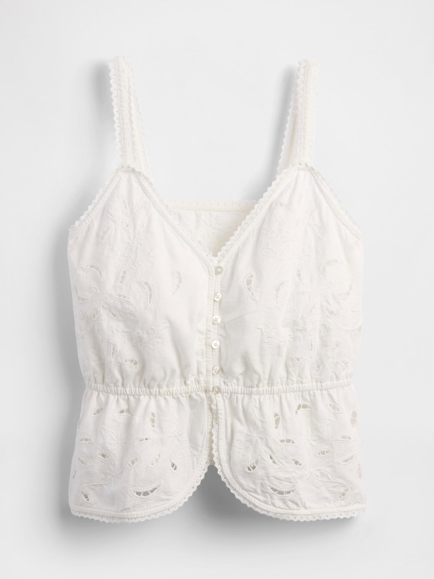 Beyaz Keten Karışımlı Eyelet Peplum Bluz
