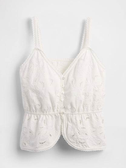 Beyaz Keten Karışımlı Eyelet Peplum Bluz