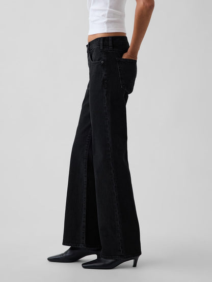 Siyah Mid Rise Relaxed Flare Jean Pantolon