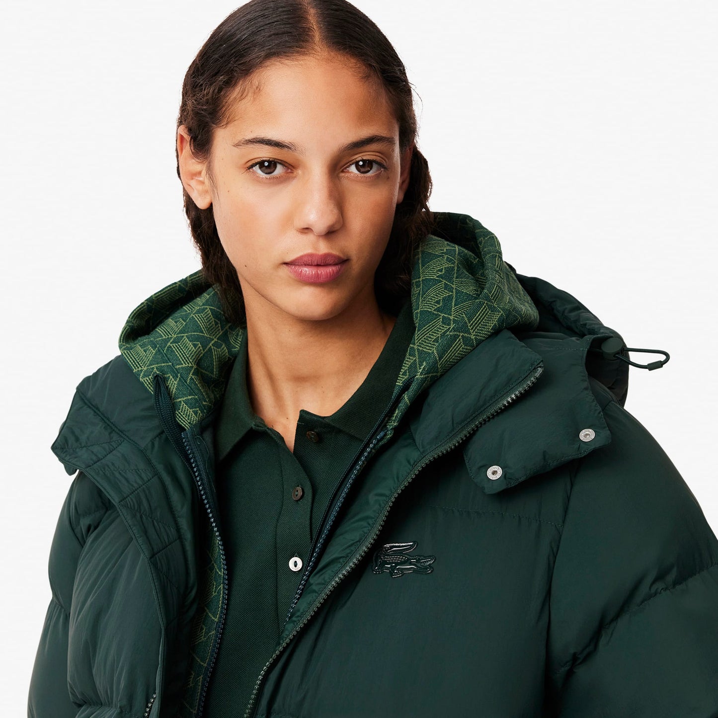 Lacoste Kadın Relaxed Fit Kapüşonlu Koyu Yeşil Şişme Mont