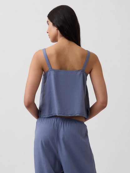 Mavi Keten Karışımlı Pintuck Kısa Askılı Pijama Üstü