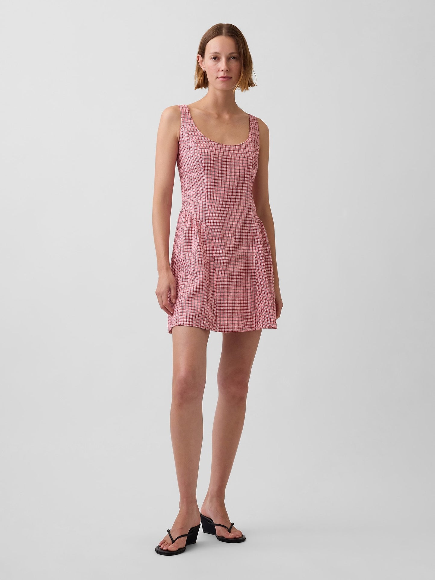Kırmızı Keten Karışımlı Drop-waist Mini Elbise