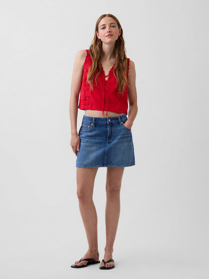 Kırmızı Keten Karışımlı Işlemeli Crop Shell Askılı Bluz