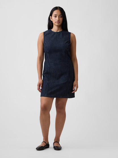 Koyu Mavi Kolsuz Çizgili Denim Mini Elbise