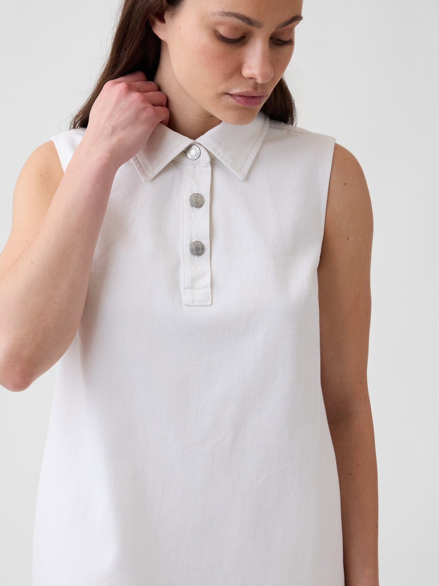 Beyaz Kolsuz Polo Yaka Denim Mini Elbise