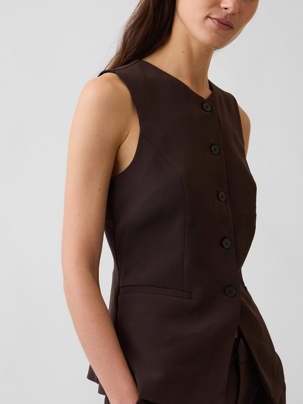 Koyu Kahverengi High-neck Longline Yelek