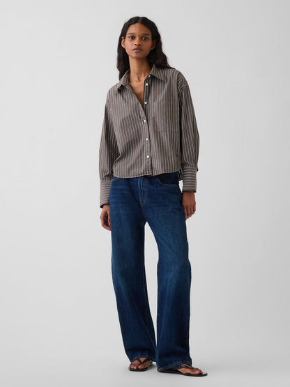 Kahverengi Organik Pamuk Poplin Oversized Crop Gömlek