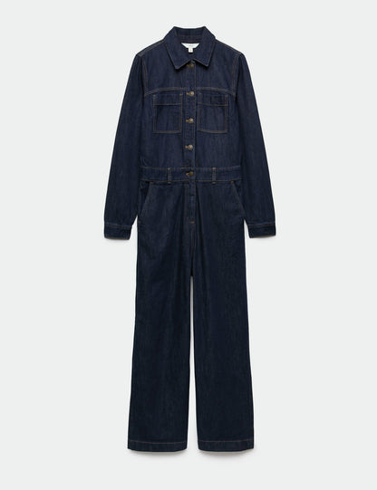 Denim Uzun Kollu Geniş Paça Tulum