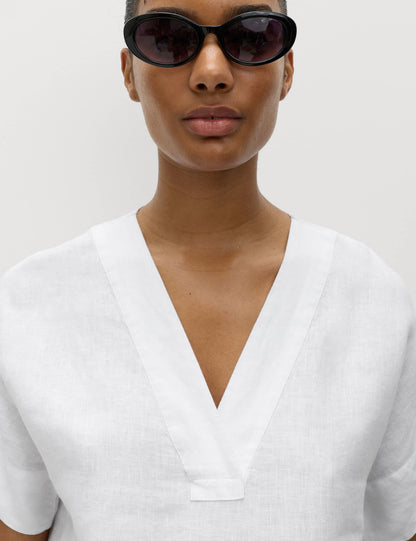 %100 Keten V Yaka Popover Bluz