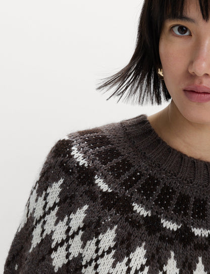 Fair Isle Desenli Örgü Yuvarlak Yaka Triko Kazak